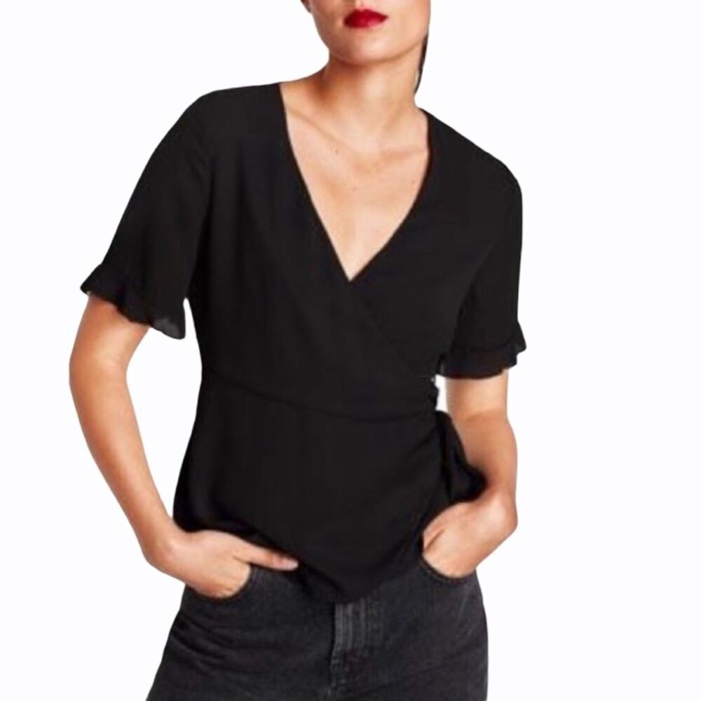 ZARA Women's Black Wrap Front Flutter Sleeve Blouse